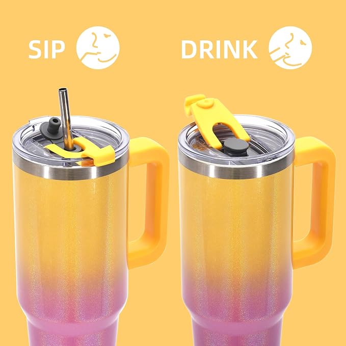 30 oz Shiny Tumbler with Handle and Straw,Stainless Steel Tumbler with Lid and Straw,Insulated Travel Mug(Cold for 34 Hours),Water Bottle for Iced Tea,Coffee (Yellow) - Image 3