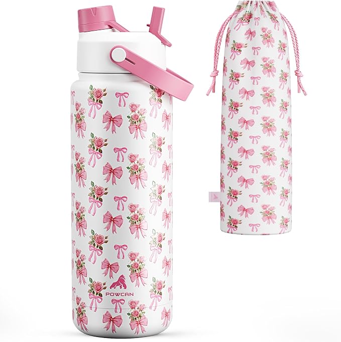 POWCAN 32 oz Insulated Water Bottle with 2-in-1 Straw and Spout Lid, Keep Cold 24H, Leak-Proof, BPA-Free, Double Wall Stainless Steel Water Bottle for Sports, Gym, Travel, Gift, Home (Rosy Bouquet) by POWCAN