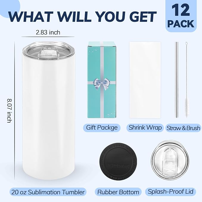 D·S 12 Pack Sublimation Tumblers 20 oz Bulk Skinny Straight Flat Bottom Blank Tumbler Cups with Individual Gift Boxed for Heat Transfer DIY Craft - Image 2
