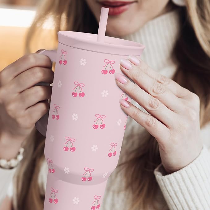 Cherry 40oz Slider Tumbler with Handle and Straw - Insulated Stainless Steel Travel Coffee Mug for Women Girls, Gift for Birthday Christmas - Image 6