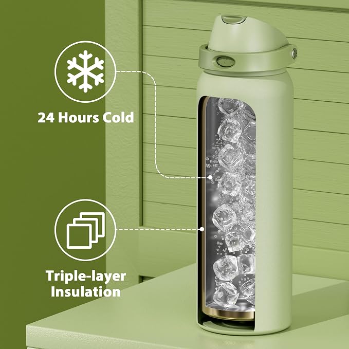 40 oz Insulated Water Bottle with Straw: Meoky Stainless Steel Metal Water Bottle with 2-in-1 Lid - Leak Proof, Cold for 24 Hours, Protective Silicone Base, BPA-Free for Sports Gym, Sage - Image 5