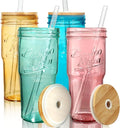 ANOTION Colored Glass Cups with Lids and Straws - 24oz Travel Coffee Mug Wide Mouth Mason Jar Iced Coffee Cup Smoothie Cup Glass Tumbler Tea Cup Clear Cute Water Cups Colorful Drinking Glasses by ANOTION