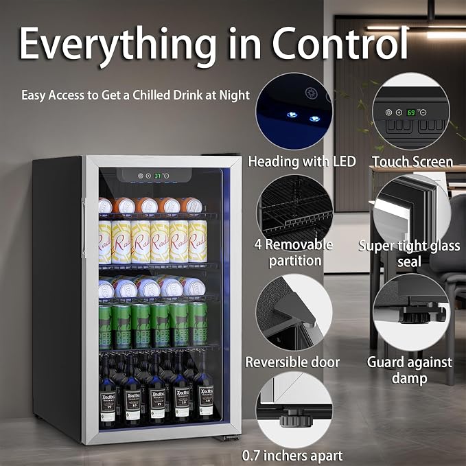 DOGHLY 3.2 Cu.ft Mini Fridge Glass Door, 126 Cans Beverage Refrigerator | Drink Fridge for Soda Beer Wine, Digital Temperature Control, Removable Shelf, Quiet Beverage Cooler for Office, Dorm, Bar - Image 2