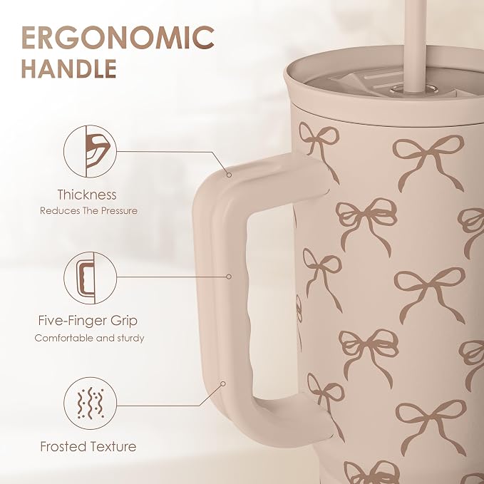 Bow Tumbler with Handle and Straw 40oz – Stainless Sleel Slider Tumbler Travel Coffee Mug for Women - Gift Idea for Birthday Christmas - Image 3