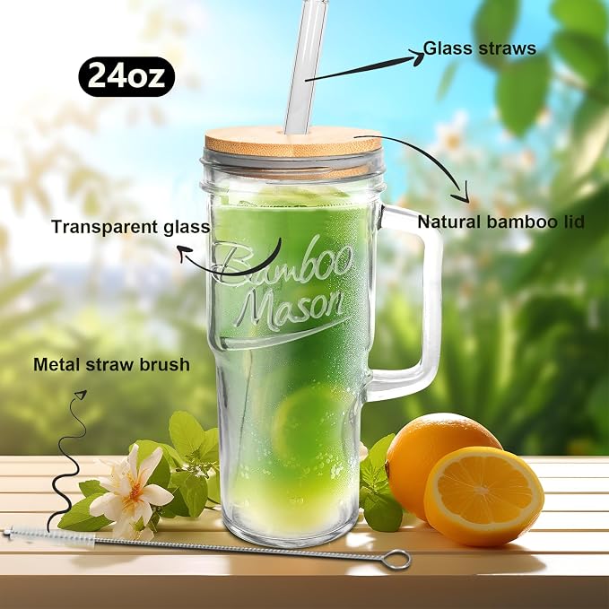 ANOTION Glass Cups with Lids and Straws - 24 oz Tumbler with Handle Christmas Coffee Cups Glass Straws Mason Jar Cups Drinking Set Kitchen Essentials Coffee Bar House Warming Gifts New Home - Image 2