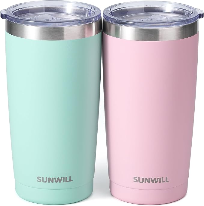 SUNWILL Travel Coffee Mug with Lid, 20 oz Tumbler Set of 2, Insulated Stainless Steel Cup for Water, Tea, Powder Coated Sakura & Mint by SUNWILL