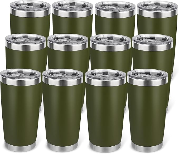 20oz Stainless Steel Tumbler Bulk with Lid, Travel Mug - Double Wall Vacuum Powder Coated Cup - Army Green, 12 Pack by Unknown