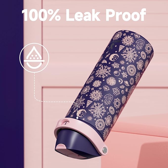 24 oz Insulated Water Bottle for Women: Meoky Stainless Steel Metal Water Bottle with 2-in-1 Straw and Spout Lid - Leak Proof, Cold for 24 Hours, Protective Silicone Base, BPA-Free for School, Arcana - Image 5