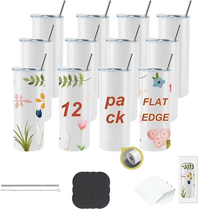 12pack 20oz flat edge sublimation tumblers ，White skinny insulated Sublimation tumbler Straight Cups with Individual Gift Box, Silicone Bottom Polymer Coating for Heat Transfer （12pack 20oz） by Unknown