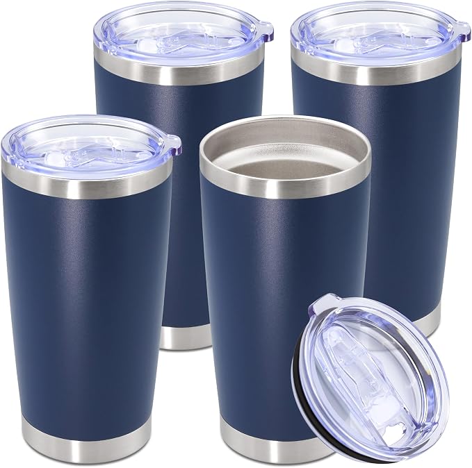 20oz Tumbler Stainless Steel Tumbler Cup with Lid Vacuum Insulated Double Wall Travel Mug, Durable Powder Coated Travel Coffee Tumbler Mug for Hot & Cold Drinks, Navy,4 Pack by AUWBON