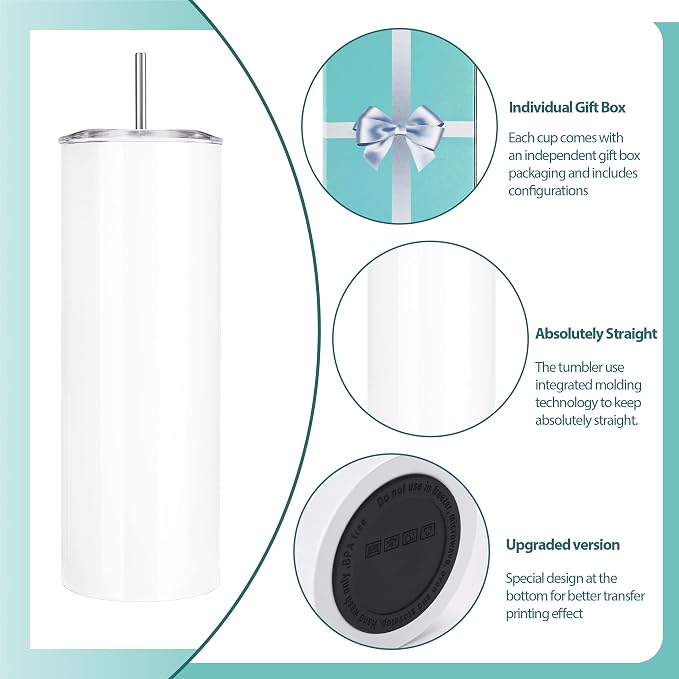 D·S 10 Pack Sublimation Tumblers Bulk 20 oz Skinny Straight Flat Bottom Blank Tumbler Cups with Individual Gift Boxed for Heat Transfer DIY Craft - Image 5