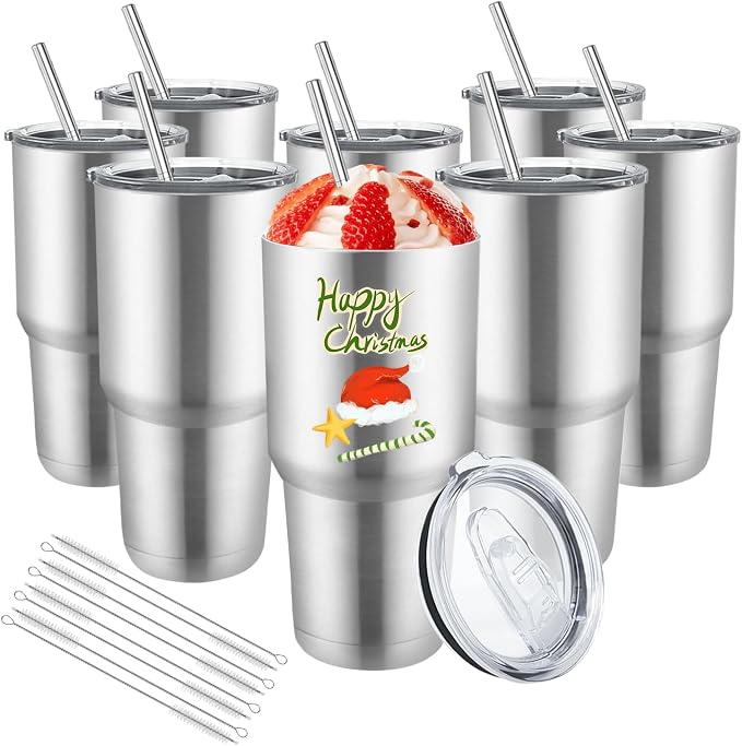 YOUKE OLA 8 Pack Stainless Steel Insulated Tumbler with Lids and Straws Bulk Double Wall Vacuum Insulated Coffee Travel Tumbler for DIY Gift (Silver, 30oz) by YOUKEOLA