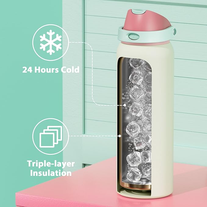 40 oz Insulated Water Bottle with Straw: Meoky Stainless Steel Metal Water Bottle with 2-in-1 Lid - Leak Proof, Cold for 24 Hours, Protective Silicone Base, BPA-Free for Sports Gym, Cream - Image 5