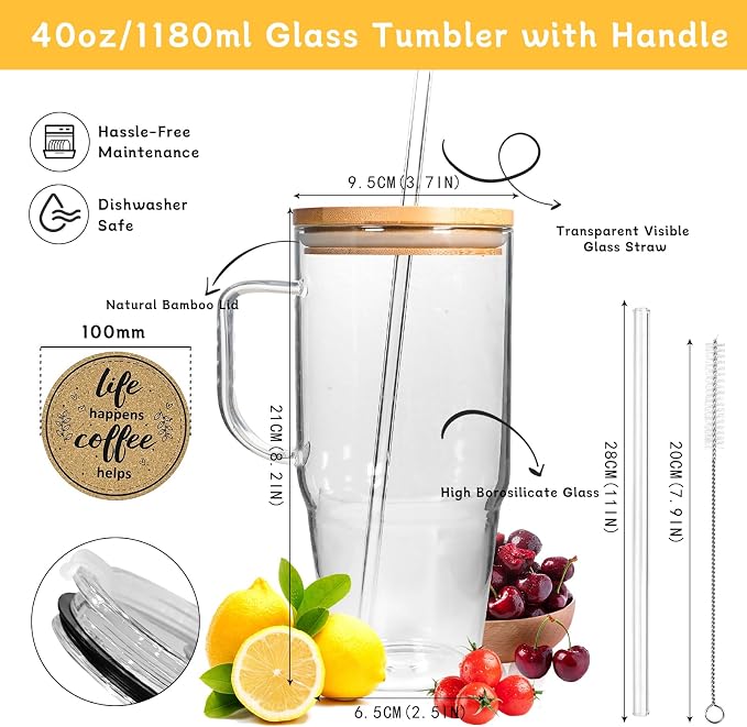 ANOTION Glass Cups with Lids and Straws - 40 Oz Tumbler with Handle and Straw Glass Water Bottles Drinking Glasses with Straws Iced Coffee Cups Travel Coffee Mug Smoothie Tumbler - Image 2