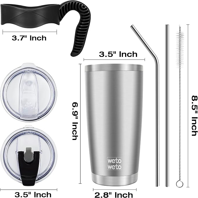 WETOWETO 20oz Tumbler with 2 lids and 2 straws, Stainless Steel Vacuum Insulated Water Coffee Tumbler with Handle, Double Wall Powder Coated Travel Mug Thermal Cup (Stainless, 1 Pack) - Image 3