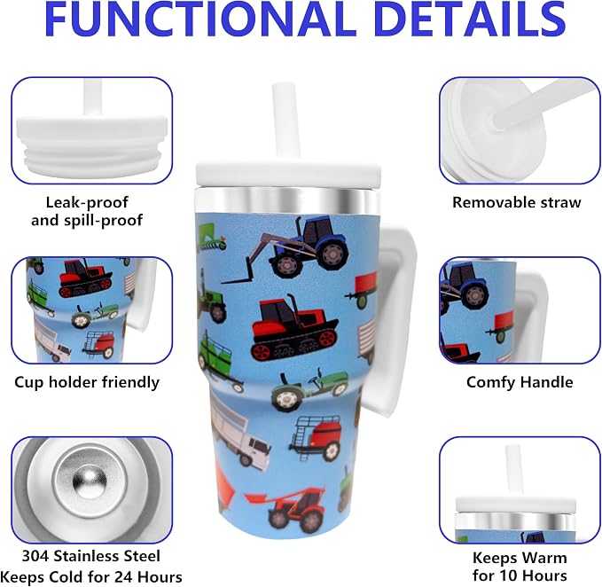 2PCS 20-OZ Insulated Water Bottle,Insulated Stainless Steel Tumbler,Reusable Cold Drink Thermos,BPA-Free, Double-Wall Stainless Steel Water Bottle (Blue-Farm Vehicles, 20, Fluid Ounces) - Image 3