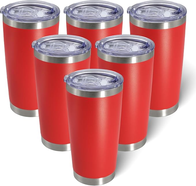 AIANJI 20oz Tumbler Bulk Stainless Steel Tumblers with Lid Vacuum Insulated Double Wall Travel Coffee Mug Powder Coated Tumbler Cup for Hot and Cold Drinks(Red, 6 pack) by AIANJI