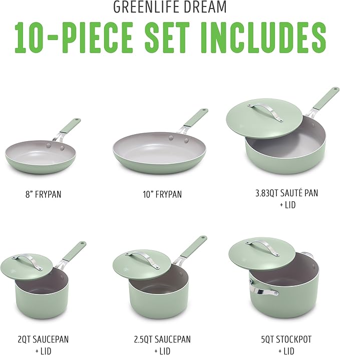 GreenLife 10-Piece Nonstick Ceramic Cookware Set, Lightweight Healthy PFAS-Free - Image 3