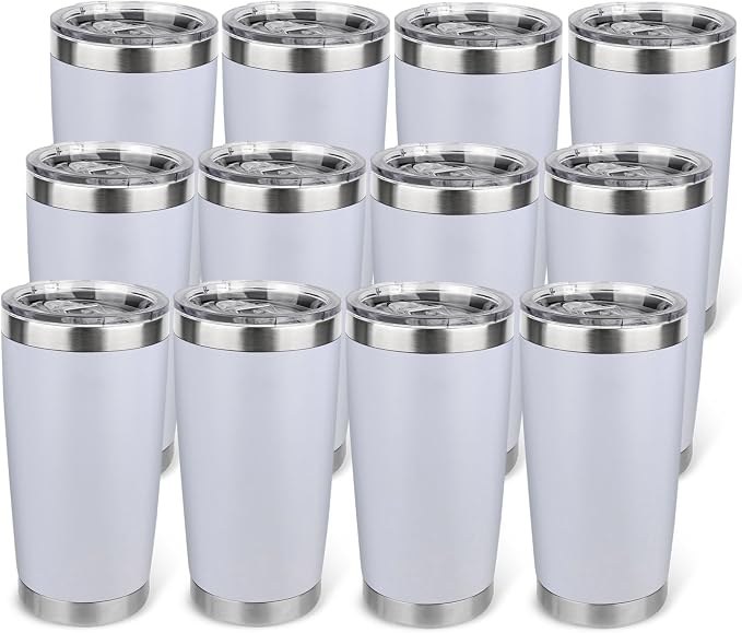20oz Stainless Steel Tumbler Bulk with Lid, Travel Mug - Double Wall Vacuum Powder Coated Cup - White, 12 Pack by Unknown