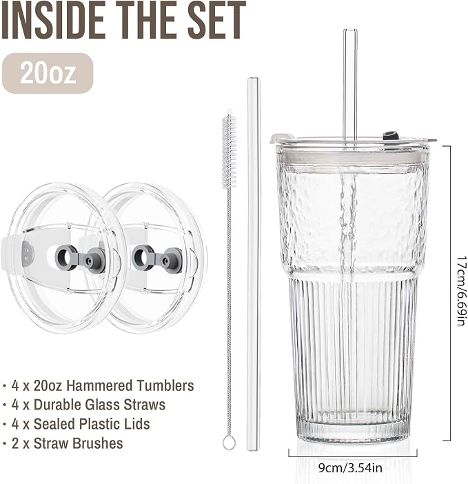 20oz Glass Tumblers with Lids and Straws, Set of 4 - Stylish Ribbed Design Drinking Glasses for Iced Coffee Cups, Juice, Smoothies, Cold Beverages, Includes Cleaning Brush, Durable Glassware - Image 3