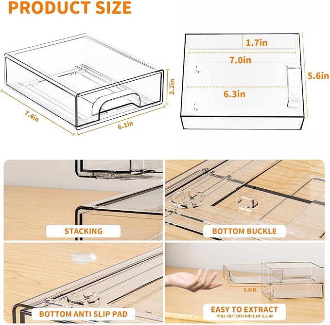 Yieach 4 Pack Small Clear Stackable Storage Drawers, 2.2'' Tall Desk - Image 3