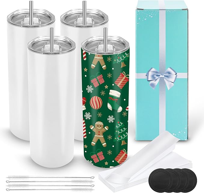 D·S 4 Pack Sublimation Tumblers 20 oz Bulk Skinny Straight Flat Bottom Blank Tumbler Cups with Individual Gift Boxed for Heat Transfer DIY Craft by D%C2%B7STUMBLER
