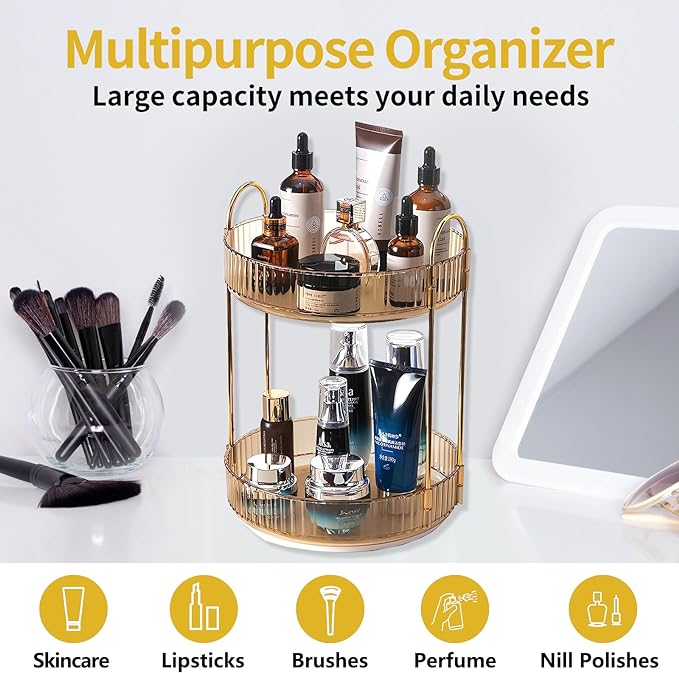 Asayuee 360 Rotating Gold Makeup Organizer, 2 Tier Large Capacity Rotating - Image 6