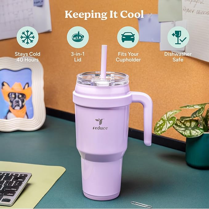 REDUCE 40 oz Stainless Steel Tumbler with Handle - Dual-Wall Vacuum Insulated Travel Mug, Sweat-Proof Lid & Reusable Straw - Keeps Drinks Cold for 24 Hrs, Fits Cupholders, Dishwasher Safe - Pineapple - Image 3