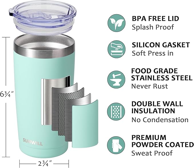 SUNWILL Travel Coffee Tumbler 20 oz, Insulated Mug with Lid, Stainless Steel Cup for Outdoor, Powder Coated Mint - Image 2