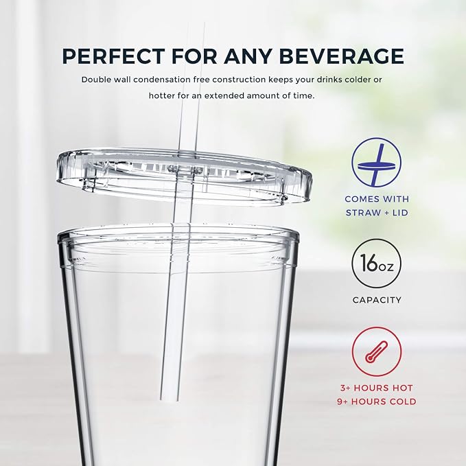 Maars Classic Clear Tumbler with Lid and Straw | 16oz Premium Acrylic, Insulated Double Wall Plastic Reusable Cups, BPA-Free To Go Cups for Ice Coffee, Fruit Teas & Water - Image 6