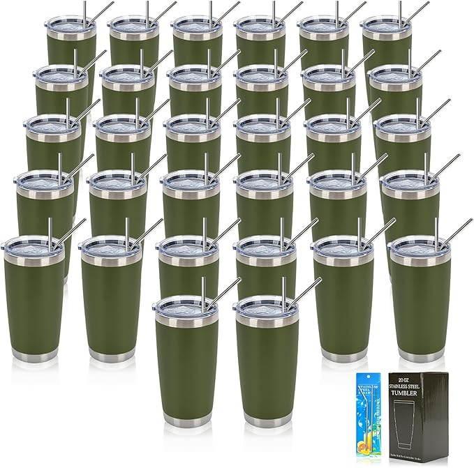IEOVIEE 32 Pack, 20oz Stainless Steel Bulk Tumblers with Lids and Straws, Double Wall Insulated Travel Coffee Mug, Durable Powder Coated Tumbler Bulk Cup for Cold and Hot Drinks(Army Green) by IEVOIEE