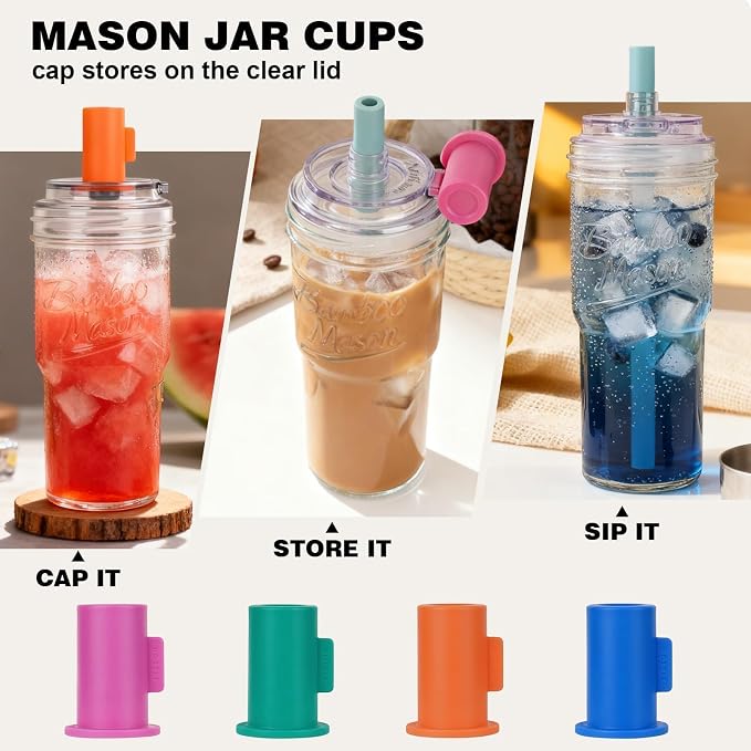 ANOTION Bamboo Mason 24oz Glass Tumbler with Straw Leakproof Lid, Cap Cup Mason Jar 4 Color Caps, Self-Assembly Leak-Proof Lid Straw, Reusable Iced Coffee Cup, Mason Jar Drinking Glass Coffee Gifts - Image 2