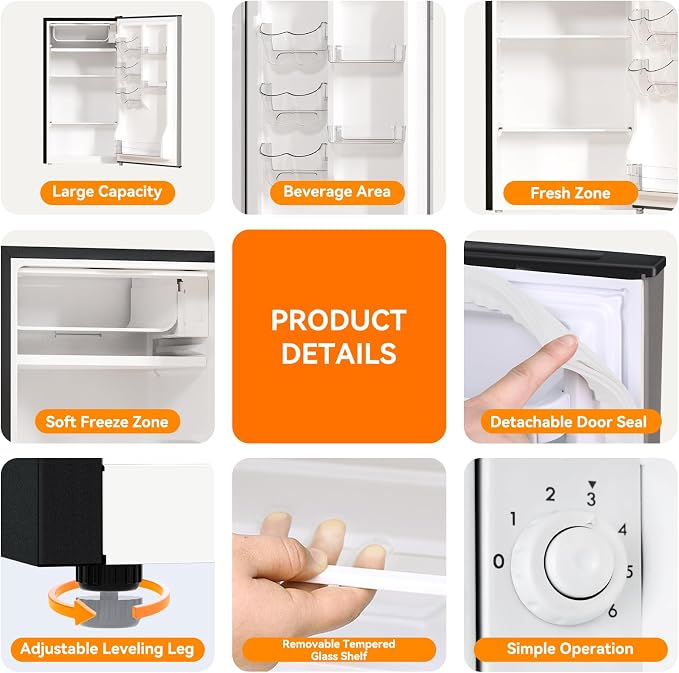 3.2 Cu. Ft. Mini Fridge with Freezer Small Refrigerator, Mini fridge for Bedroom, Dorm, Single Door, Energy Saving, Low Noise, Mini Fridge for Office (Grey) - Image 4