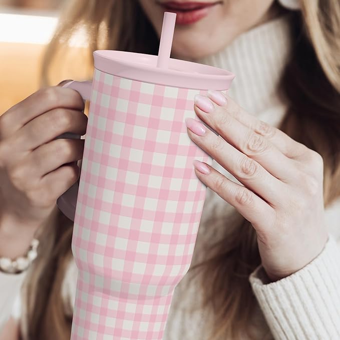 Pink Gingham 40oz Slider Tumbler with Handle and Straw - Insulated Stainless Steel Travel Coffee Mug for Women Girls, Gift for Birthday, Christmas - Image 6