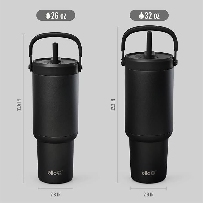 Ello Oasis Go+ 32oz Tumbler with Top Handle and Retracting Straw | Reusable Insulated Stainless Steel Cup, 100% Leakproof Water Bottle, 24 Hours Cold, Cup Holder Friendly For Travel | Black - Image 7