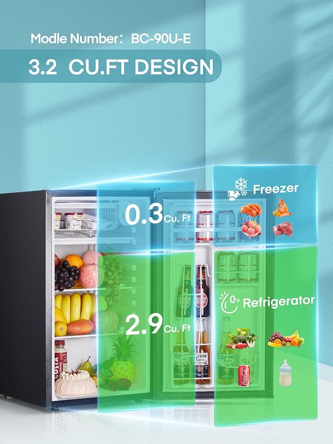 FOHERE 3.2 Cu. Ft Mini Fridge with Freezer, Single Door Compact Refrigerator, Small Fridge with 7 Adjustable Thermostat for Dorm, Bedroom, Office, Reversible Door, Energy Saving, Low Noise, Silver - Image 2