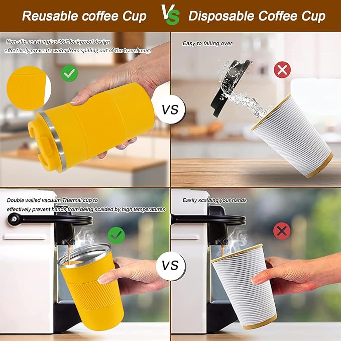 YINBAOGE Insulated Travel Coffee Mug, Spill & Leak Proof, Portable To Go Camping Stainless Steel Coffee Tumbler, Reusable Thermal Coffee Cup with Lid for Hot & Cold Drinks (Yellow, 12 OZ) - Image 5