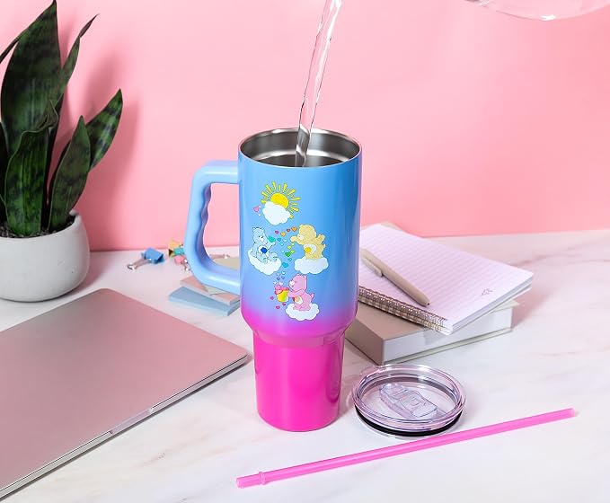 Silver Buffalo Care Bears Featuring Grumpy Bear, Funshine, and Love-A-Lot Bear Heart Showers Ombre Double Walled Stainless Steel Tumbler with Handle and Straw, Fits in Standard Cup Holder, 40 Ounces - Image 7