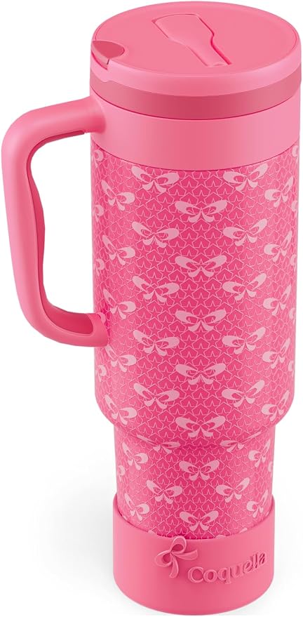 40 oz Insulated Tumbler with Handle and Push-Button Straw Lid, Stainless Steel Travel Cup for Gym Office, Leakproof, BPA-Free, Cup Holder Friendly, Bow Silicone Boot, Pink (Coquette Fuchsia) by Coquella