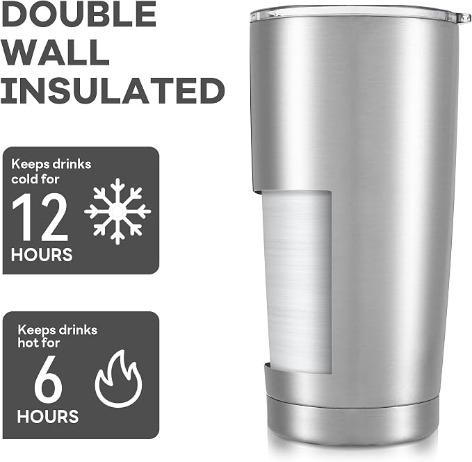 20 oz Tumbler with Lid Stainless Steel Insulated Tumblers Bulk Double Wall Vacuum Cups Powder Coated Travel Mug Keep Drink Cold and Hot, Stainless Steel, 8 Pack - Image 3