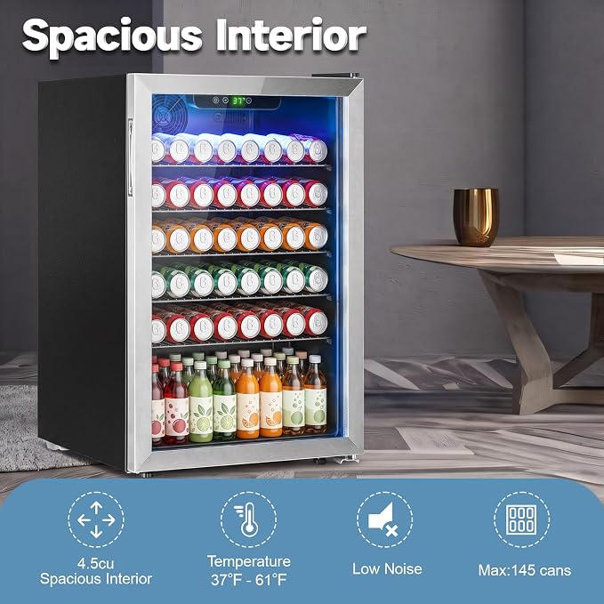 Erivess Mini Fridge 145Can Beverage Refrigerator Cooler Glass Door for Soda | 4.5 Cu Ft Drink Fridge for Home/Bar/Office with LED Display, Digital Temperature Control, Removable Shelves for Wine, Silver - Image 6