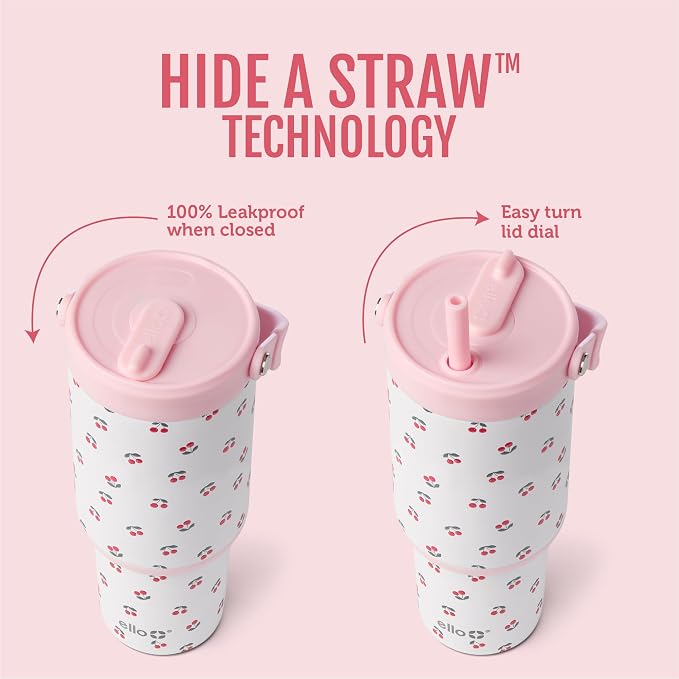 Ello Oasis Go+ 26oz Tumbler with Top Handle and Retracting Straw | Reusable Insulated Stainless Steel Cup, 100% Leakproof Water Bottle, 24 Hours Cold, Cup Holder Friendly For Travel | Cherries Jubilee - Image 2