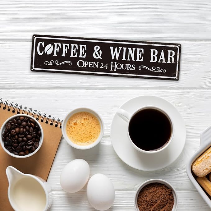 Coffee and Wine Bar Decor, Coffee & Wine Bar Open 24 Hours Sign, Retro Metal - Image 5
