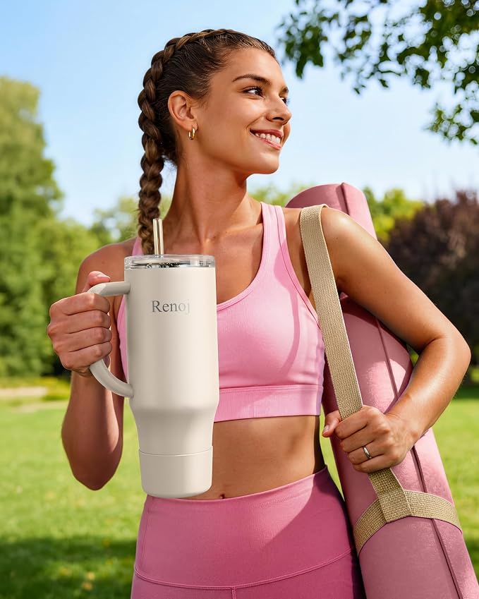 Renoj Insulated Mug 100% Spill Resistant Insulated Water Bottle for Iced Coffee & Hot Drinks - Fits Car Cup Holder, Ideal Gift, 2 Straws & Silicone Boot - FlexSlide White 32 oz - Image 3