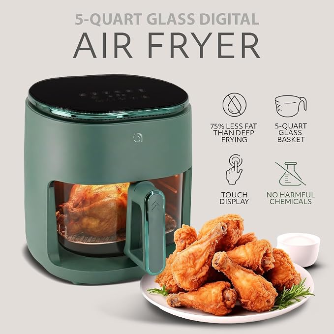 WILLOW Eco Series 6 in 1 Air Fryer with Glass Basket, 5 Quart Non Toxic Air Fryer w Digital Display, 430°F Max Temp, Preheat & Keep Warm Function, Compact + Dishwasher Safe Glass Airfryer - GREEN - Image 2