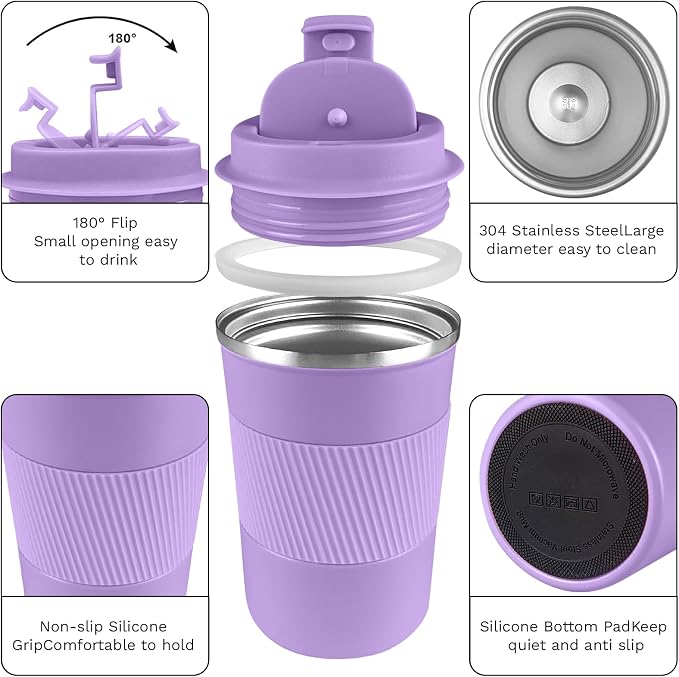 YINBAOGE Insulated Travel Coffee Mug, Spill & Leak Proof, Portable To Go Camping Stainless Steel Coffee Tumbler, Reusable Thermal Coffee Cup with Lid for Hot & Cold Drinks (Purple, 17 OZ) - Image 2