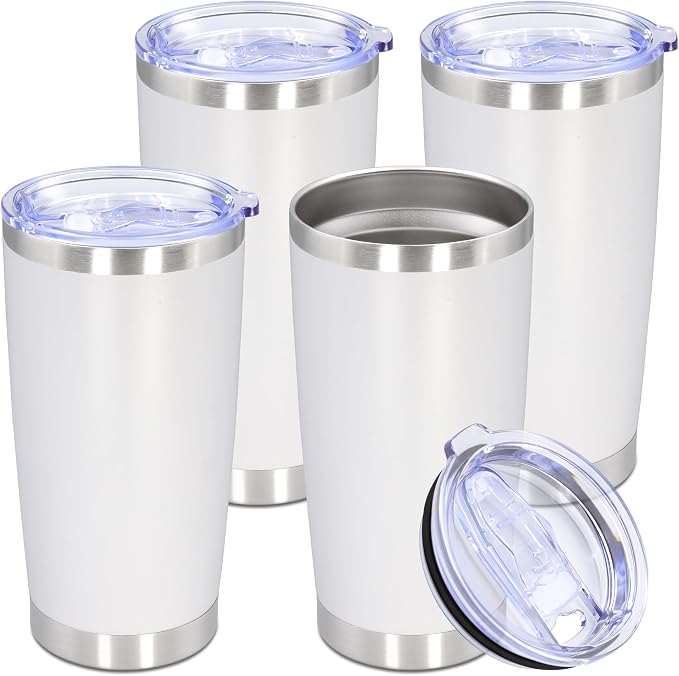 20oz Tumbler Stainless Steel Tumbler Cup with Lid Vacuum Insulated Double Wall Travel Mug, Durable Powder Coated Travel Coffee Tumbler Mug for Hot & Cold Drinks, White,4 Pack by AUWBON
