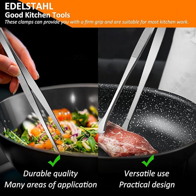 12-Inch Stainless Steel Kitchen Tongs Set, Straight & Round Edge Cooking - Image 4