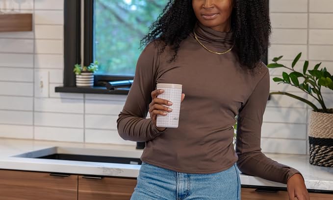 Ello Jones 11oz Insulated Stainless Steel Travel Mug with Leak-Proof Slider Lid, Single Serve Small Coffee Tumbler, Keeps Drinks Hot 3 Hours Cold 8 Hours, BPA-Free, Beige Gingham - Image 2