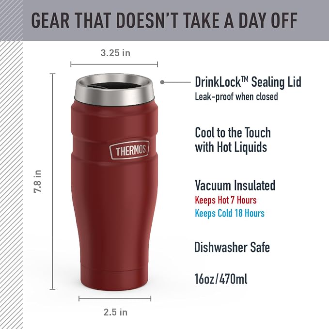 THERMOS Stainless King Vacuum-Insulated Stainless Steel Tumbler - 16oz, Rustic Red - Insulated Coffee Tumbler for Hot & Cold Drinks - Leak-Proof & Sweat-Proof for Commuting & Traveling - Image 2